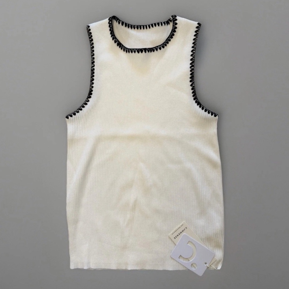 Sleeveless Ribbed Tank with Contrast Trim - White